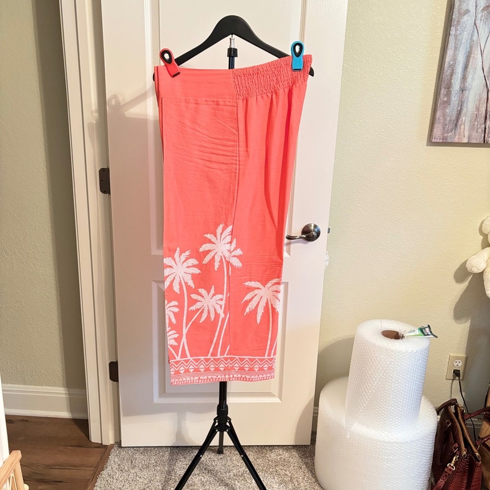 Bellissima Kim Gravel Coral Pink Palm Tree Linen Blend Tie Front Top Pants SET - Picture 11 of 14
